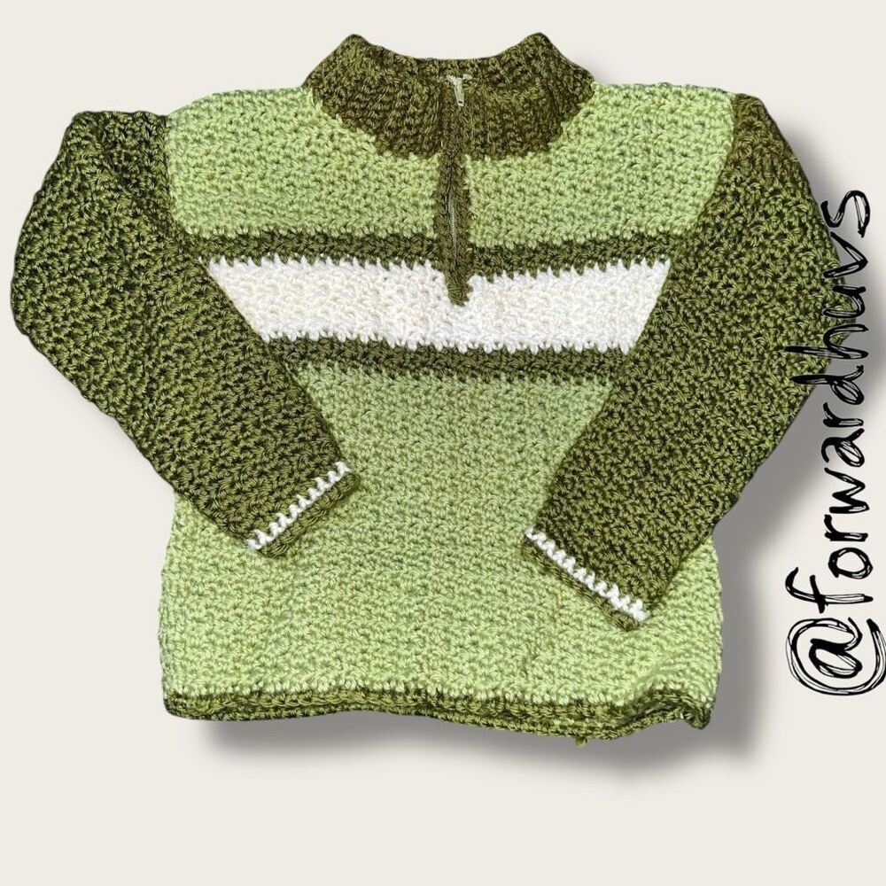 Handmade Green Knit Sweater – Wrist Tie-off Visible - Approx. Child Size 4–5